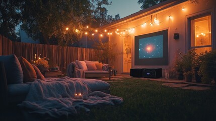 As twilight falls, a cozy backyard transforms into a magical movie night haven. Twinkling lights strung above add warmth, while a projector displays captivating visuals on the wall