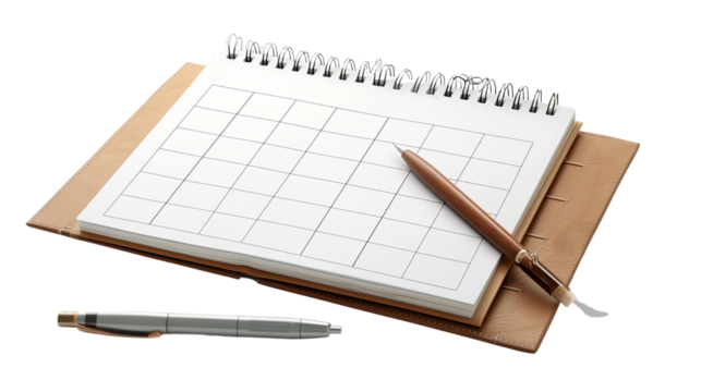 Planner and Pens on Desk: An empty monthly calendar, poised with pens, invites organization and plans. Evoking simplicity and anticipation for the days ahead.