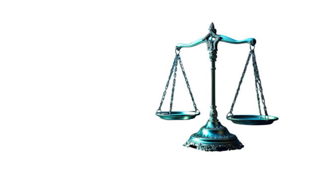 Balance of Justice: A metallic, ornately detailed balance scale, symbolizing fairness and legal equilibrium against an uncluttered backdrop. - Powered by Adobe