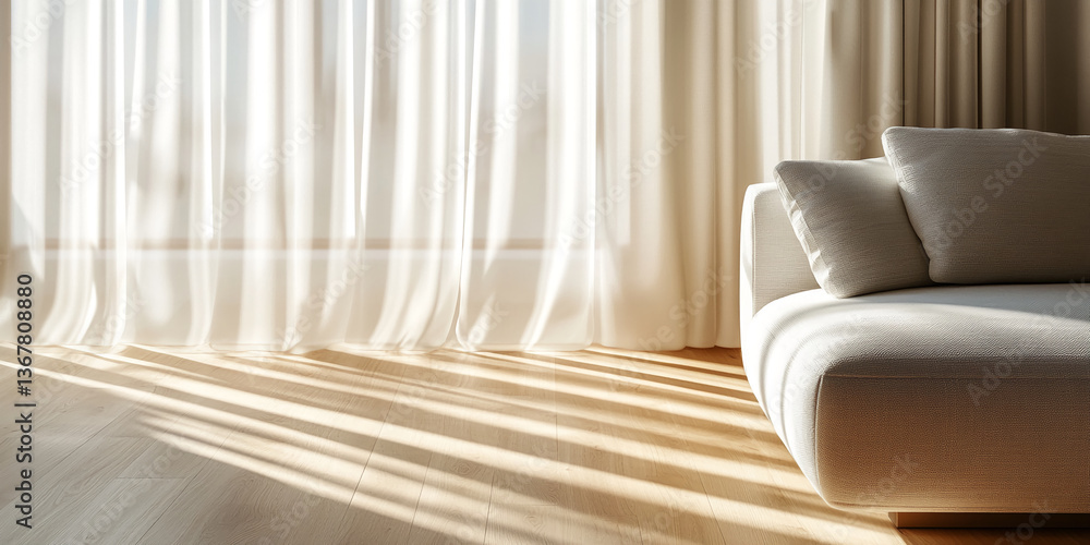 Poster sunlight streams through sheer curtains onto a light beige sofa and wooden floor, creating a serene 