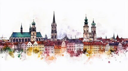 Fototapeta premium Watercolor Munich Skyline Panorama - Charming watercolor painting of Munich's skyline, showcasing iconic architecture, vibrant colors, and a picturesque cityscape. Symbolizing history, culture