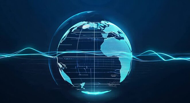 Loopable animation of spinning hologram of the Earth and glowing lines moving through globe sphere on a dark blue background. Digital screensaver with internet connection technologies. Loop, 4k, 60fps