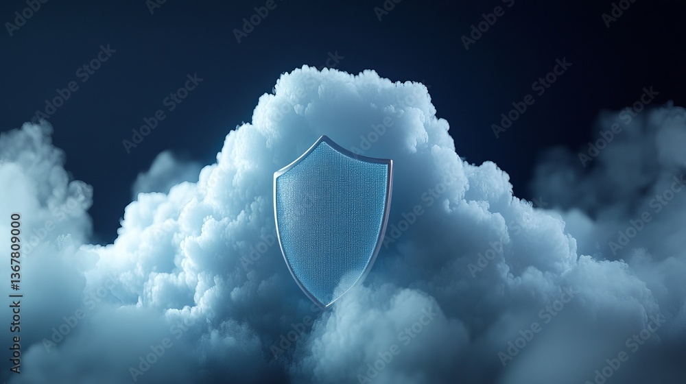Poster 3d representation of cloud with shield: symbolizing secure data protection