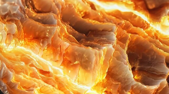 Close-up view of a beautifully layered orange and cream colored sunstone agate stone, showcasing its natural patterns and textures with a glowing effect.