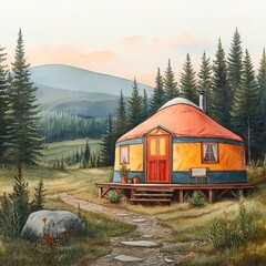 Small house surrounded by lush forest in a serene setting with vibrant colors and soft evening light