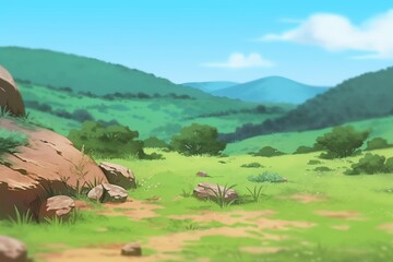 Lush green landscape with rocky foreground