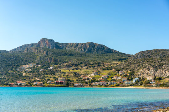 Plitra beach with turquoise water in Karavostasi in the south of Greece, Peloponnese