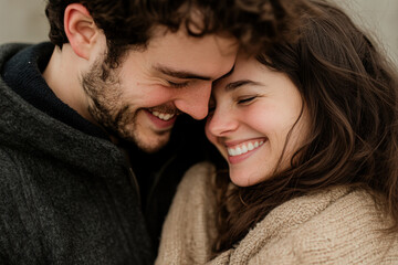 Happy couple sharing intimate moment, smiling and touching foreheads