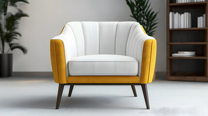 A modern yellow armchair with realistic 3D rendering, ideal for a cozy and comfortable office setting in indoor space design, complete with office interior furniture