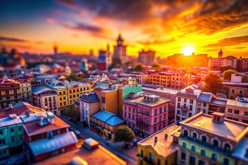 Naklejka premium Miniature Cityscape at Sunset: Tilt-Shift Radial Gradient Background