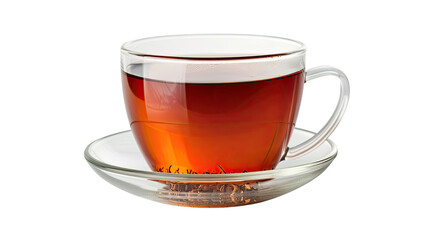 Aromatic Brew: A close-up of a glass teacup filled with a rich, amber-hued tea, resting on a saucer, exuding warmth and tranquility.