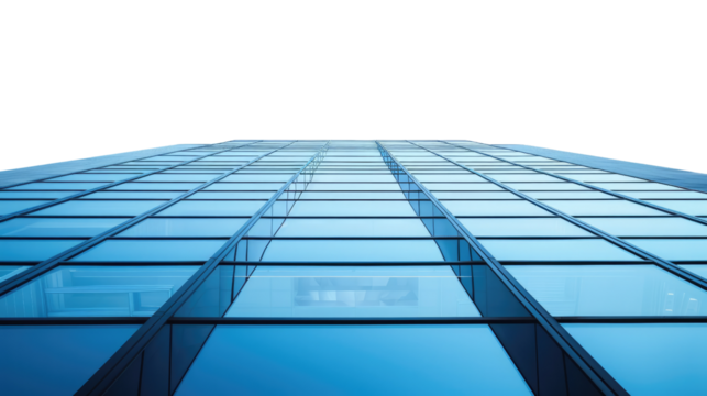 Skyscraper's Blue Ascent: Capturing the striking, upward perspective of a modern skyscraper, the image accentuates the building's sleek design and vast glass facade.
