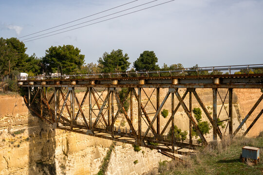 Metallic bridge crossing the Corinth Canal connecting the Gulf of Corinth in the Ionian Sea with the Saronic Gulf in the Aegean Sea