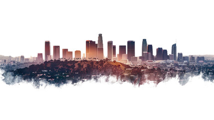 Obraz premium Cityscape Silhouette: A breathtaking cityscape with the sun setting on the horizon, offering a view of urban architecture. Capturing the essence of the modern urban landscape
