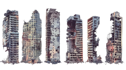Devastated Skyline: A series of desolate buildings, monuments to destruction, their skeletal frames etched against the sky, conveying themes of aftermath and ruin. 