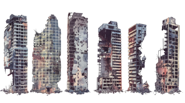 Devastated Skyline: A series of desolate buildings, monuments to destruction, their skeletal frames etched against the sky, conveying themes of aftermath and ruin. 