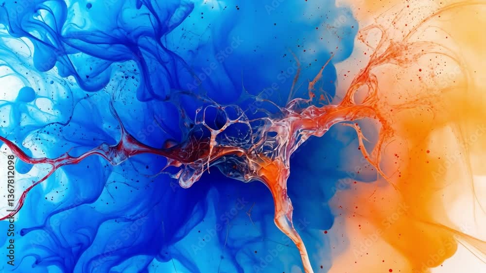 Poster fluid dynamics: abstract interplay of vivid blue, orange and brown hues intertwine, creating a mesme