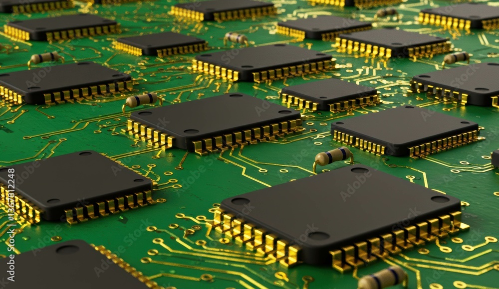 Poster close-up of circuit board with microchips and gold contacts showcasing technology and innovation.
