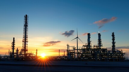 Obraz premium Breathtaking sunset over a sprawling oil refinery complex with towering chimneys intricate a stunning industrial landscape bathed in the warm glow of the setting sun