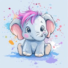Fototapeta premium Cute elephant illustration with colorful paint splatters