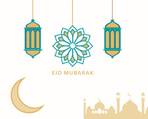 Elegant Eid Mubarak Design with Golden Moon, Teal Lanterns, and Mosque.