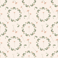 Watercolor Delicate Flowers and Leaves Seamless Pattern on Pastel Pink Background, Soft Floral Design for Textile and Wallpaper