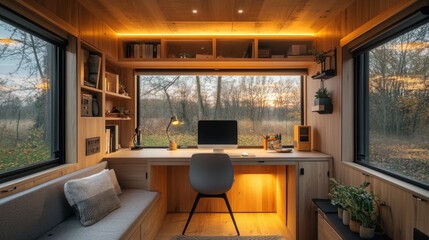 Obraz premium Modern Minimalist Home Office with Wooden Desk and Sunset View
