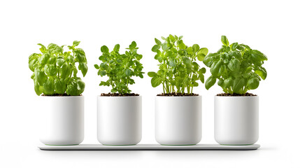 Fototapeta premium Four minimalist white pots with fresh herbs lined up on white background. Perfect for interior branding, product mockups or plant-based home visuals. Selective focus