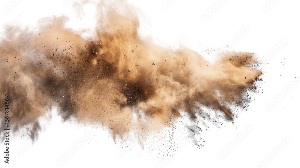 Poster dust explosion: an image of a dynamic, voluminous cloud of dust bursting outwards, creating a dramat