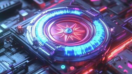 Futuristic circular engine in a complex circuit board