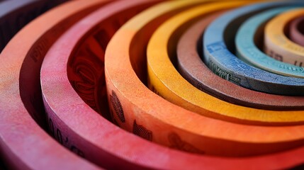Rolled banknotes arranged in colorful concentric circular formations