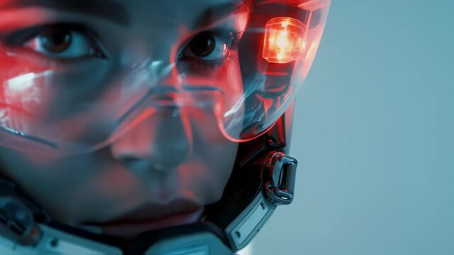 Woman Astronaut Wearing Helmet, Intense Reflection in Visor Stock Footage. Female Cosmonaut In Spacesuit Motion Picture. Deep Look Video Clip For Space Visuals