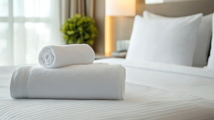 Rolled White Towels on Crisp Bed for Hotel or Spa Stay