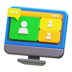 Video conference 3d illustration of computer screen displaying video call. Suitable for remote work, virtual meetings, telecommuting, technology themes