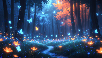 nice anime background of the misty forest at night, halloween