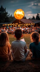 A group of people sitting on the grass voting on community projects with hopeful expressions of engagement and support