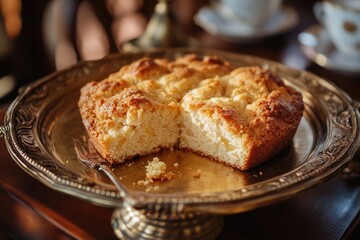 A golden tray of Herefordshire perry cake with pear flavor