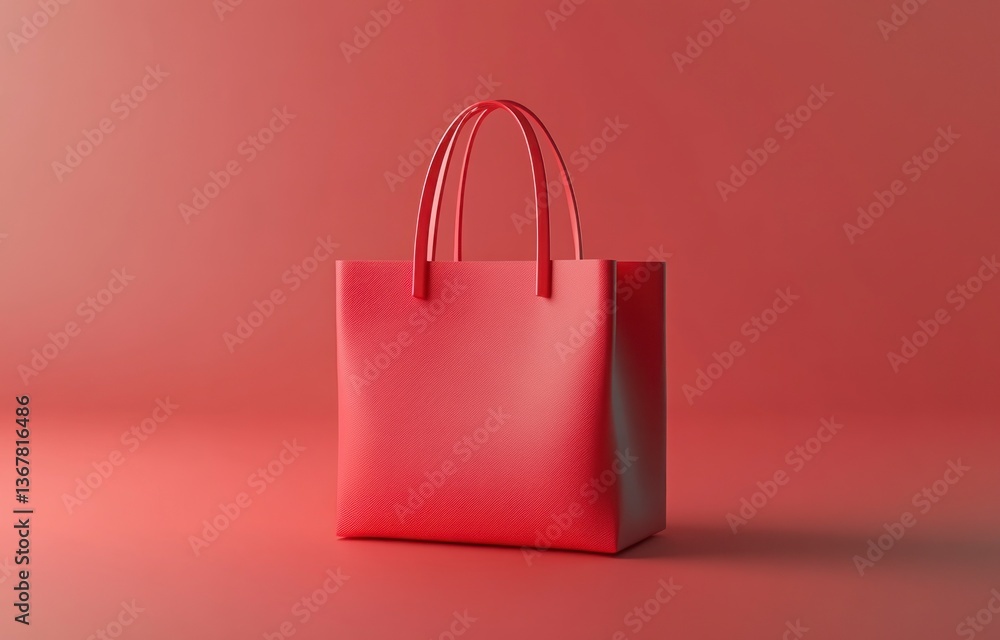 Poster red shopping bag with handles on matching background minimalist style