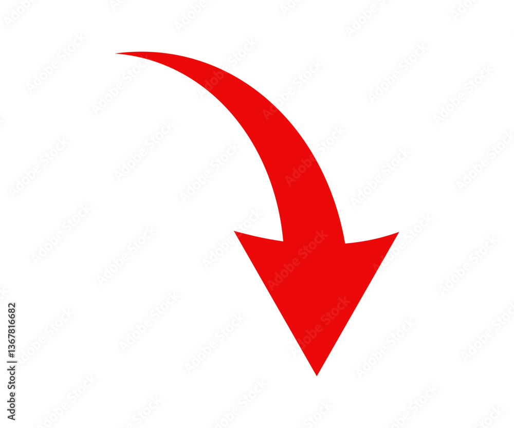 Poster a simple, red, curved arrow pointing down icon. direction symbol. arrow symbol for app vector design