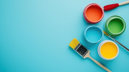 Fototapeta premium Creative Concept: Colorful Paint Cans and Brushes on Blue Background for Art and Home Decoration