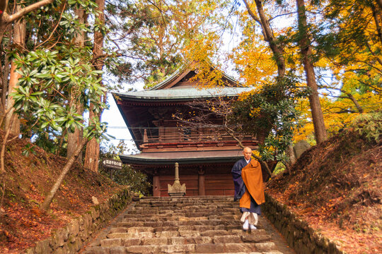 Buddhist monk in a yellow robe on stone stairs in front of a Buddhist Zen Temple, located on Mount Hiei (Hiei San), Kyoto area, Honshu