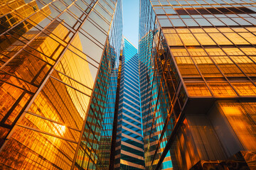 Gateway boulevard at harbour with golden buildings at sunset, Kowloon, Hong Kong