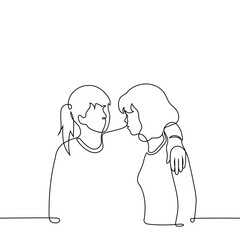 woman protectively put her hand on man's collwoman protectively put hand on woman's collarbones, they look at each other - one line art vector. concept support, sisterhood, flirt, female friendship