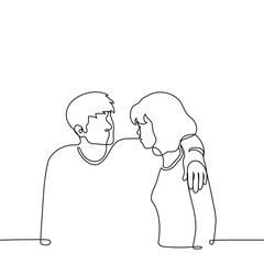 man put his hand on woman's collarbones protectively, they look at each other - one line art vector. concept support, flirt, harassment
