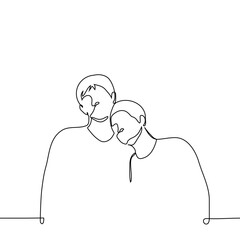 men standing hugging, short one's head on tall one's neck, hand on collarbone, both looking same direction - one line art vector. concept brothers, friend, gay couple, emotional support