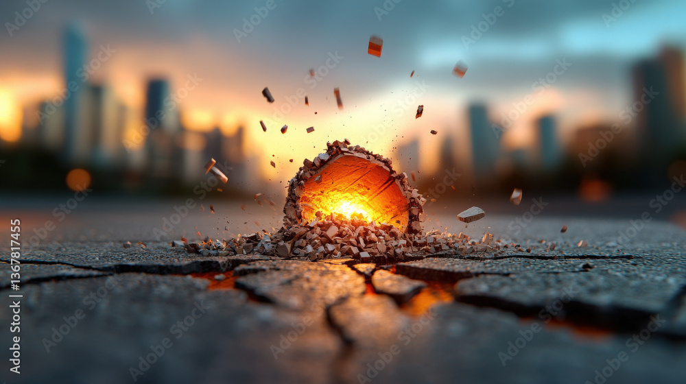 Poster glowing orb surrounded by crumbling debris sits on cracked surface against blurred cityscape, creati