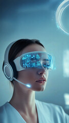 a robot call center agent wearing a headset with microphone