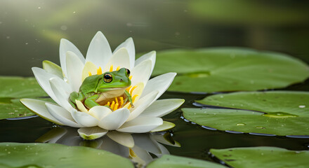 Green Frog Meditating on a Water Lily Bloom in a Serene Pond Setting