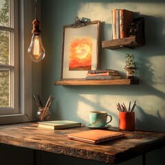 Cozy home office corner featuring a desk with a lamp, books, a coffee cup, and a notebook for productive work