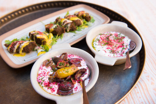 Dish in the restaurant of Dar Tantora The House Hotel, a renovated original mudbrick village in the oasis of AlUla, Medina Province